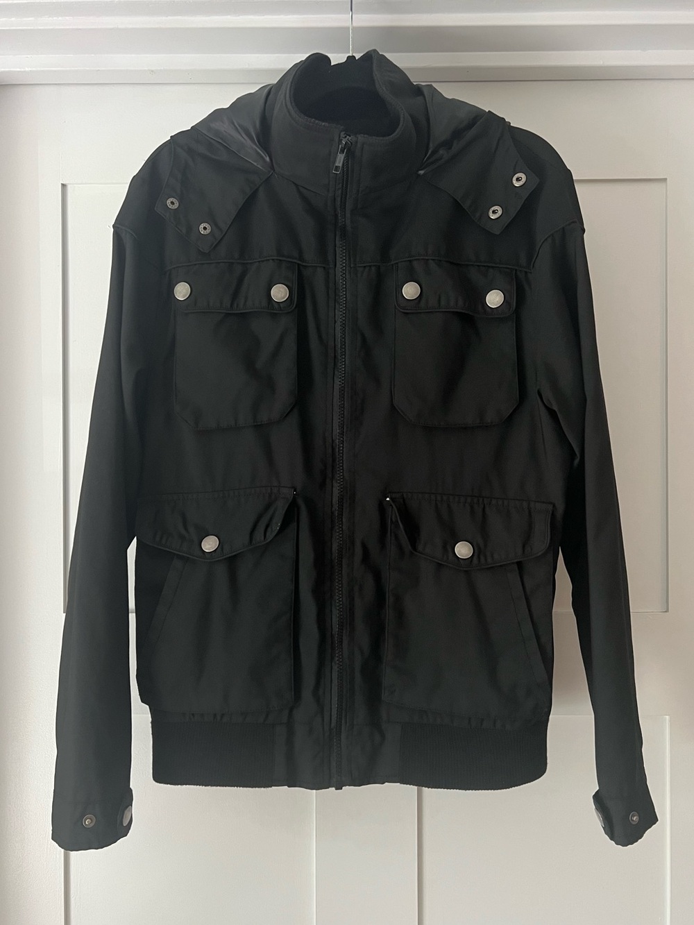 Le 31 for Simons Black Military Zip Cargo Bomber Jacket with Snap Flap Pockets